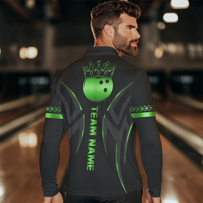 Black and Green crown Bowling ball Polo, Quarter Zip Shirts for Men Custom Bowling Team jerseys NQS9502