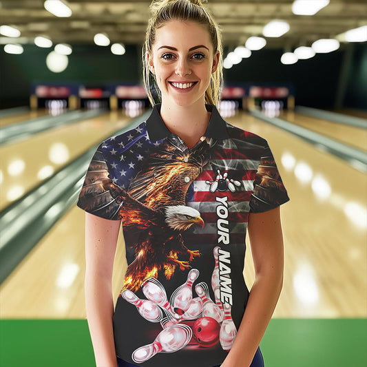 Smoke American Flag Eagle Flame Bowling Shirts for Women Custom patriotic Team Bowling jerseys NQS9504