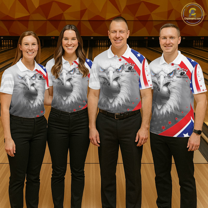 Red, White and Blue US Flag Eagle Bowling Shirts For Women Custom Patriotic Team Bowling Jersey NQS11632