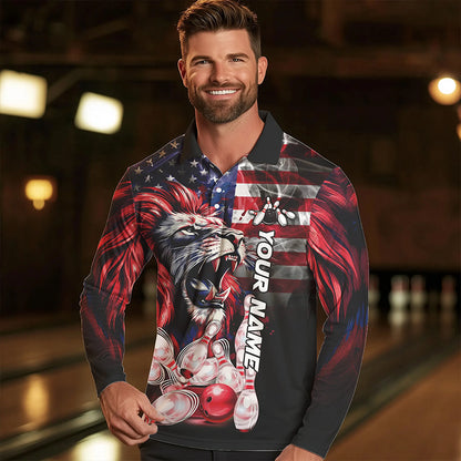 Smoke American Flag Lion Bowling Polo, 1/4 Zip Shirts for Men Custom patriotic Team Bowling jerseys NQS9670