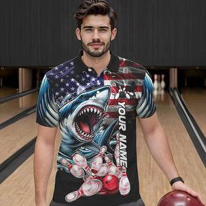 Smoke American Flag Shark Bowling Polo, 1/4 Zip Shirts for Men Custom patriotic Team Bowling jerseys NQS9671