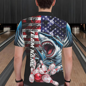 Smoke American Flag Shark Bowling Polo, 1/4 Zip Shirts for Men Custom patriotic Team Bowling jerseys NQS9671