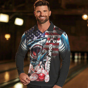 Smoke American Flag Shark Bowling Polo, 1/4 Zip Shirts for Men Custom patriotic Team Bowling jerseys NQS9671