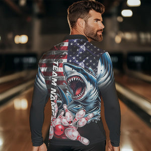 Smoke American Flag Shark Bowling Polo, 1/4 Zip Shirts for Men Custom patriotic Team Bowling jerseys NQS9671
