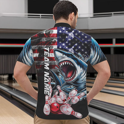 Smoke American Flag Shark Bowling Polo, 1/4 Zip Shirts for Men Custom patriotic Team Bowling jerseys NQS9671