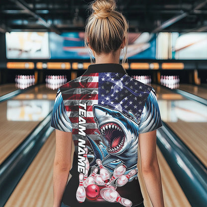 Smoke American Flag Shark Bowling Polo, 1/4 Zip Shirts for Women Custom patriotic Team Bowling jerseys NQS9671