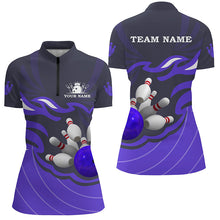 Load image into Gallery viewer, Women polo, quarter zip bowling shirts Custom bowling ball and pins team league jerseys | Purple NQS7808