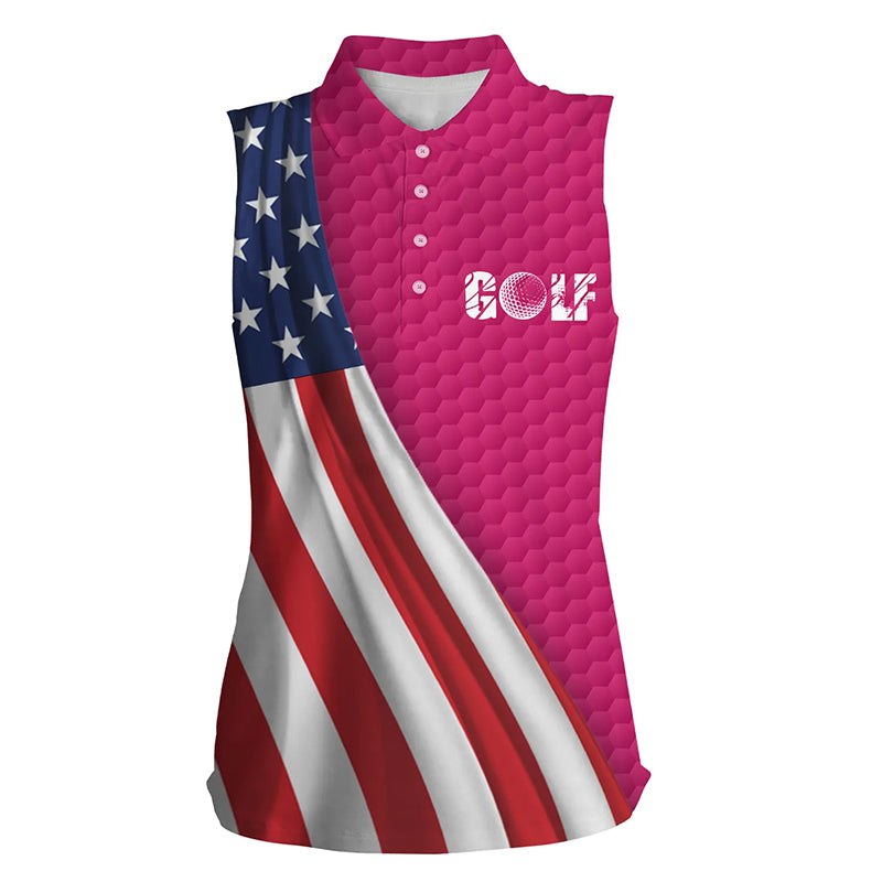 American flag pink golf ball skin Womens sleeveless polo shirt patriotic golf tops for women NQS6123