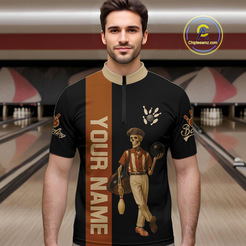 Black and Brown Skull Retro Bowling Polo, Quarter Zip Shirts For Men Custom Team Bowling Jersey NQS10859