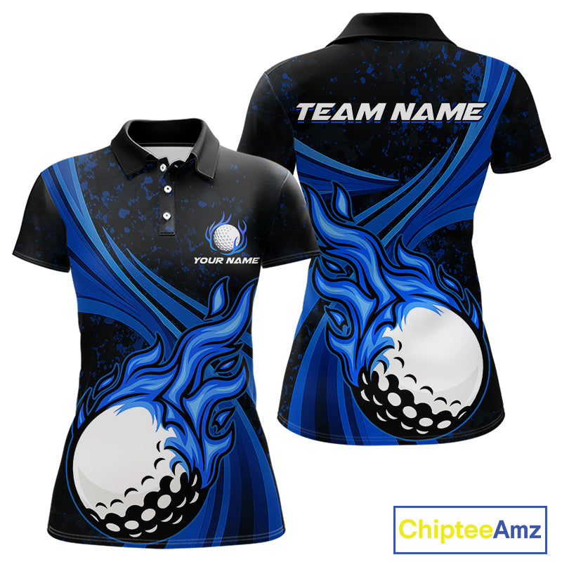 Black & Blue Golf ball Flame Golf Polo Shirts For Women Custom ladies's golf clothing, best golf gift NQS10864