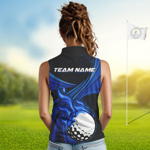 Black & Blue Golf ball Flame Women Sleeveless Polo Shirt Custom ladies golf clothing, best golf gift NQS10864