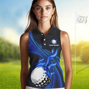 Black & Blue Golf ball Flame Women Sleeveless Polo Shirt Custom ladies golf clothing, best golf gift NQS10864