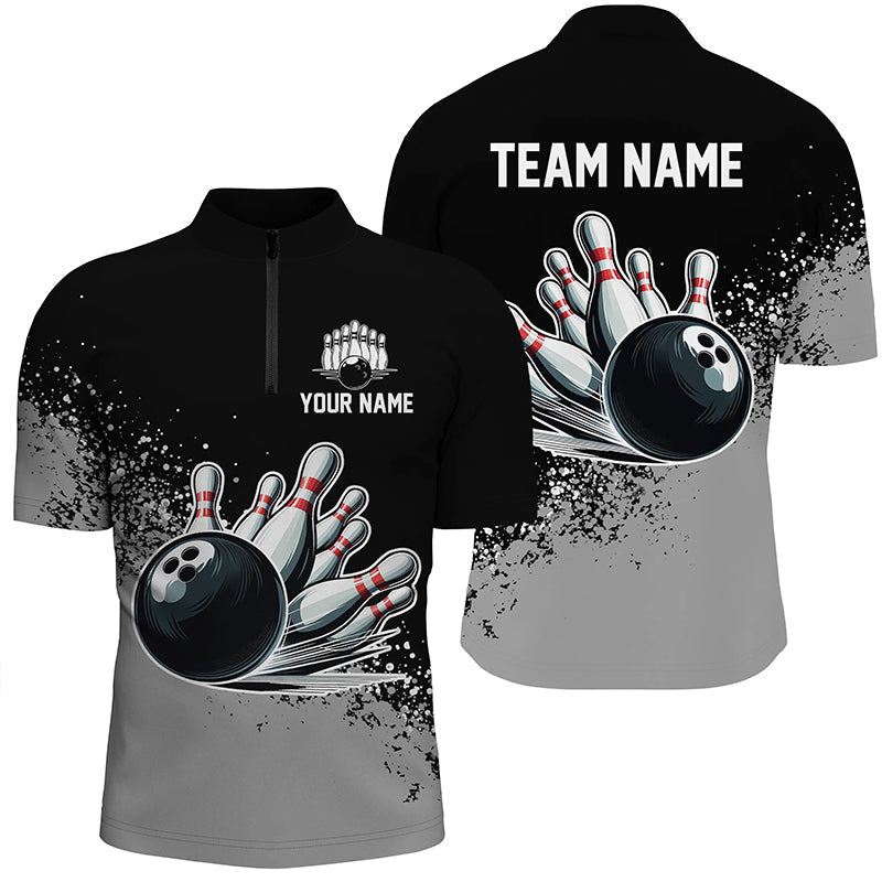 Black and Gray Grunge Custom Bowling Polo, 1/4 Zip Shirts For Men Personalized Team Bowling Jerseys NQS8916