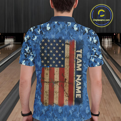 Blue Camo American Flag Veteran Skull Bowling Shirts For Men Custom patriotic Bowling Team Jerseys NQS11047