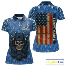 Load image into Gallery viewer, Blue Camo American Flag Veteran Skull Bowling Shirts For Women Custom patriotic Bowling Team Jerseys NQS11047