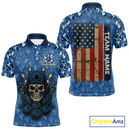 Blue Camo American Flag Veteran Skull Bowling Shirts For Men Custom patriotic Bowling Team Jerseys NQS11047