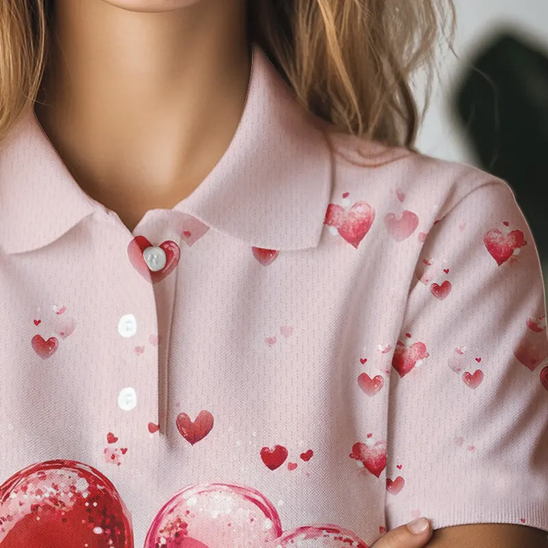 Pink Glitter Flamingo Heart Theme Women golf polo shirt custom Valentines golf tops gift for her NQS9367