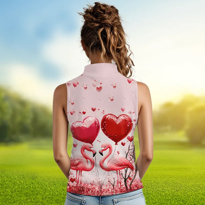 Pink Glitter Flamingo Heart Theme Women sleeveless polo shirt custom Valentines golf tops gift for her NQS9367