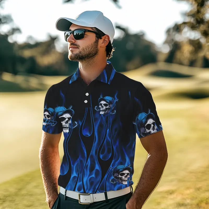 Blue Flame Skull Mens golf polo shirts custom skull fire golf apparel for mens NQS9516