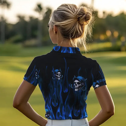 Blue Flame Skull Women golf polo shirts custom skull fire golf apparel for ladies NQS9516