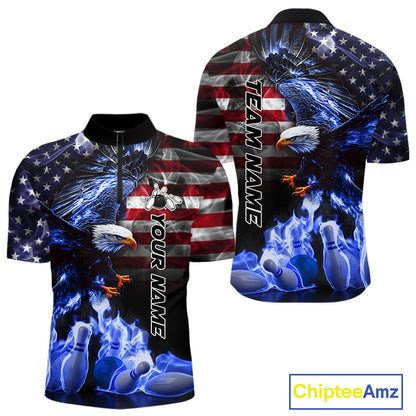 Smoke American Flag Eagle Blue Flame Bowling Shirts for Men Custom patriotic Team Bowling jerseys NQS10868