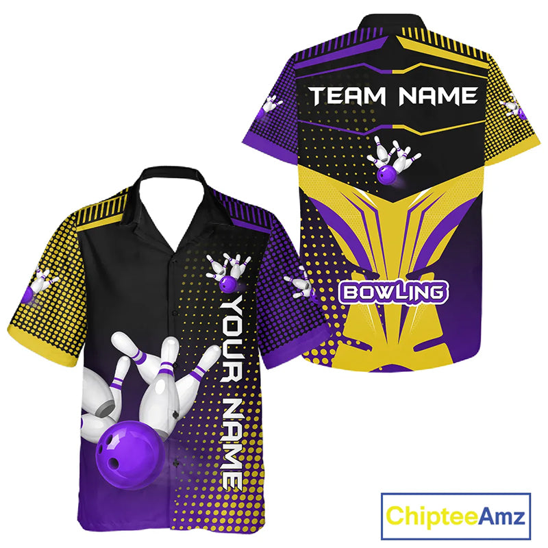 Yellow and Purple pattern Bowling Hawaiian Shirt Custom Team Bowling Jerseys, Gift For Bowler NQS11242