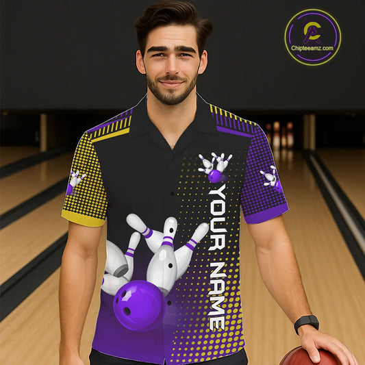 Yellow and Purple pattern Bowling Hawaiian Shirt Custom Team Bowling Jerseys, Gift For Bowler NQS11242