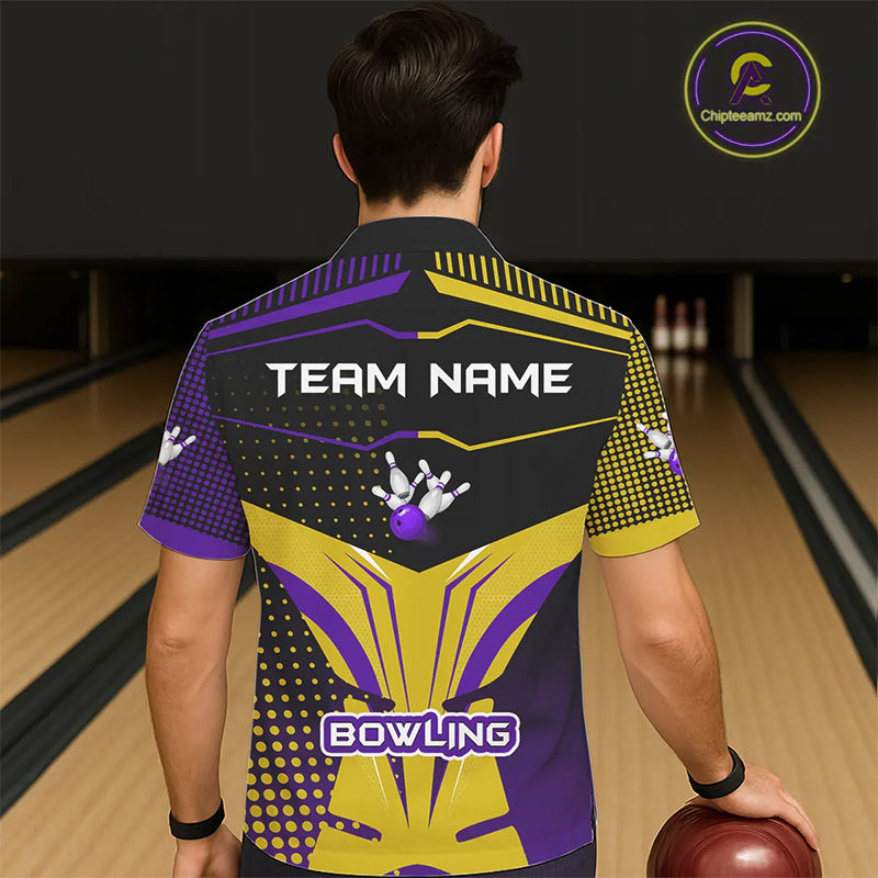 Yellow and Purple pattern Bowling Hawaiian Shirt Custom Team Bowling Jerseys, Gift For Bowler NQS11242