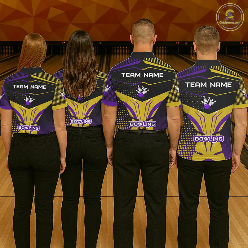 Yellow and Purple pattern Bowling shirts For Men Custom Team Bowling Jerseys, Gift For Bowler NQS11242