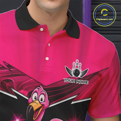 Funny Pink Flamingo Bowling Polo, 1/4 zip shirts for Men Custom Flamingo Team bowling outfit NQS11248