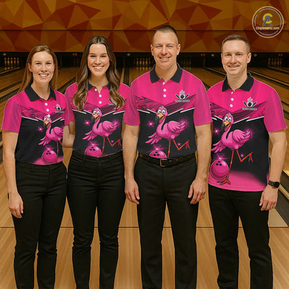 Funny Pink Flamingo Bowling Polo, 1/4 zip shirts for Men Custom Flamingo Team bowling outfit NQS11248