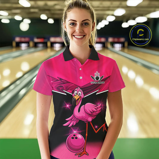 Funny Pink Flamingo Bowling Polo, 1/4 zip shirts for Women Custom Flamingo Team bowling outfit NQS11248