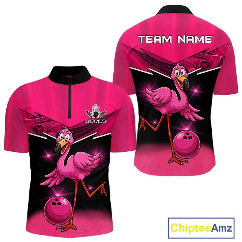 Funny Pink Flamingo Bowling Polo, 1/4 zip shirts for Men Custom Flamingo Team bowling outfit NQS11248