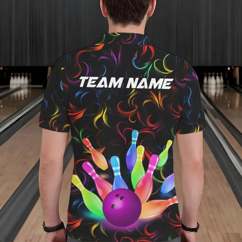 Colorful Neon Flame pattern Bowling Shirts For Men Custom Bowling Team Jerseys, Gift For Bowler NQS9374