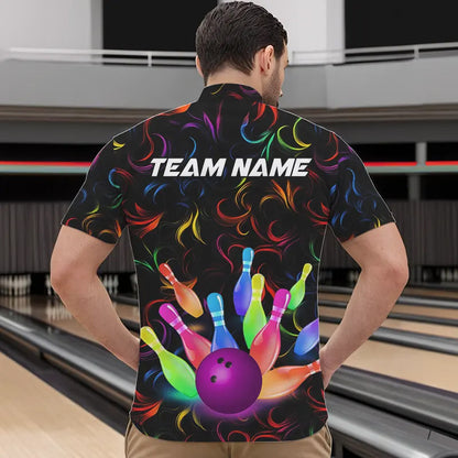 Colorful Neon Flame pattern Bowling Shirts For Men Custom Bowling Team Jerseys, Gift For Bowler NQS9374