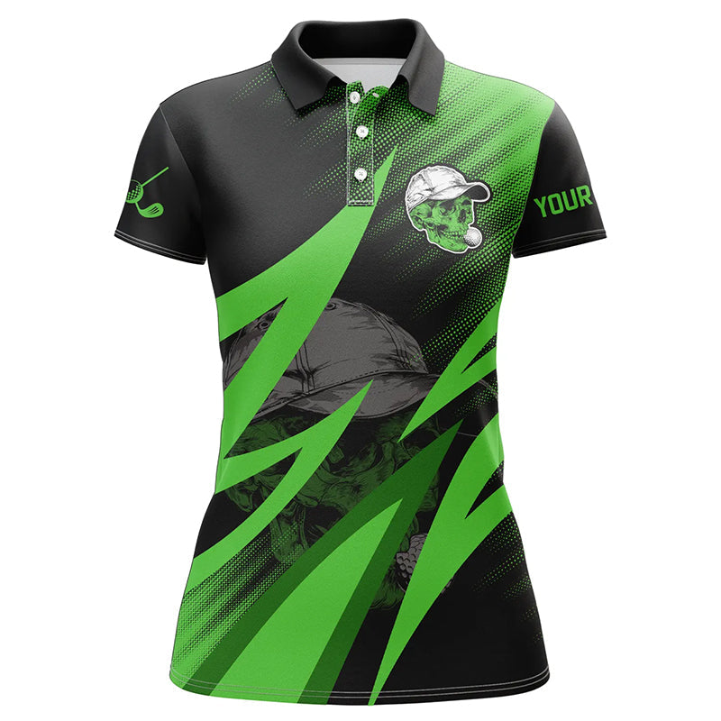 Black and green golf skull Womens golf polos shirt custom golf outfits ladies, cool golf gifts NQS7463
