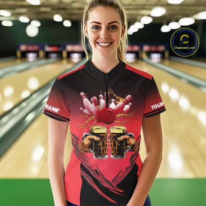 Bowling Beer Black and Red Bowling Polo, 1/4 Quarter zip shirts Custom Women Team Bowling jerseys NQS10873