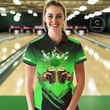 Load image into Gallery viewer, Bowling Beer Black and Green Bowling Polo, 1/4 Quarter zip shirts Custom Women Team Bowling jerseys NQS10874