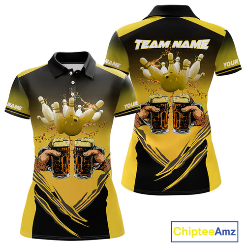 Bowling Beer Black and Yellow Bowling Polo, 1/4 Quarter zip shirts Custom Women Team Bowling jerseys NQS10875