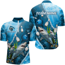 Load image into Gallery viewer, Blue Shark Bowling Polo, Quarter Zip Shirts for Men Custom Team Shark Bowling Jerseys NQS9173
