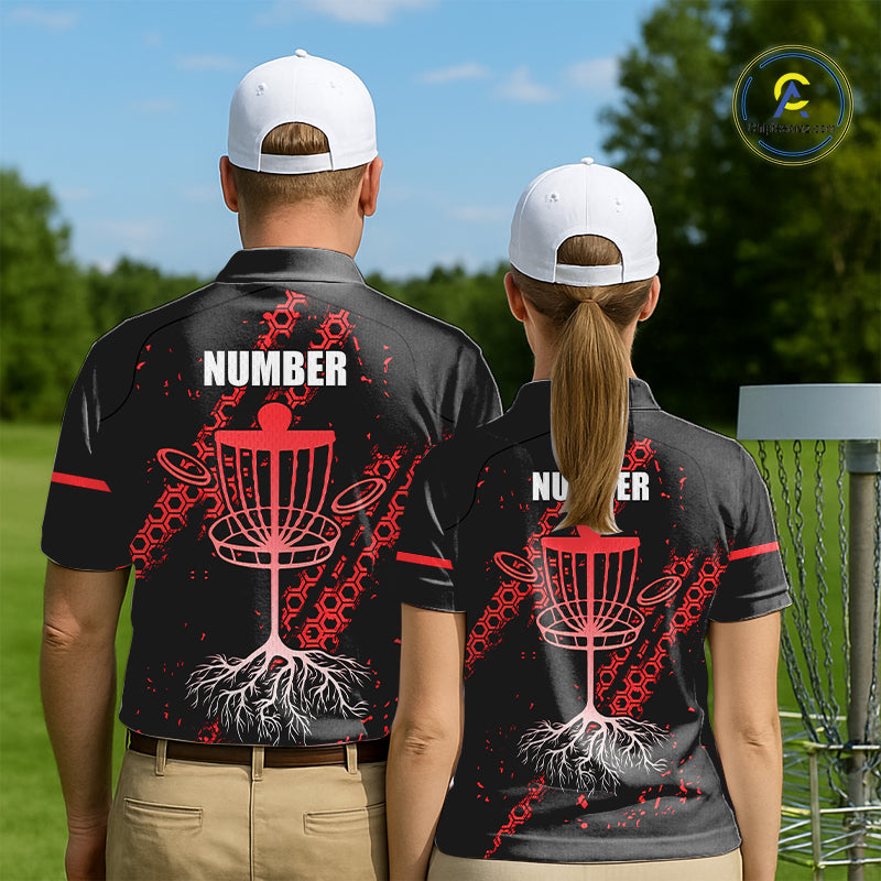 Black and Red Hexagon Pattern Disc Golf Polos, T-Shirt, Hoodies custom Team disc golf jerseys NQS11456