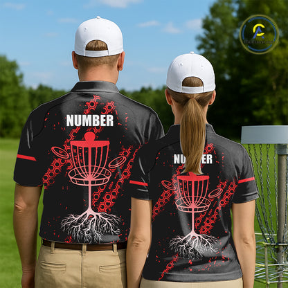 Black and Red Hexagon Pattern Disc Golf Polos, T-Shirt, Hoodies custom Team disc golf jerseys NQS11456