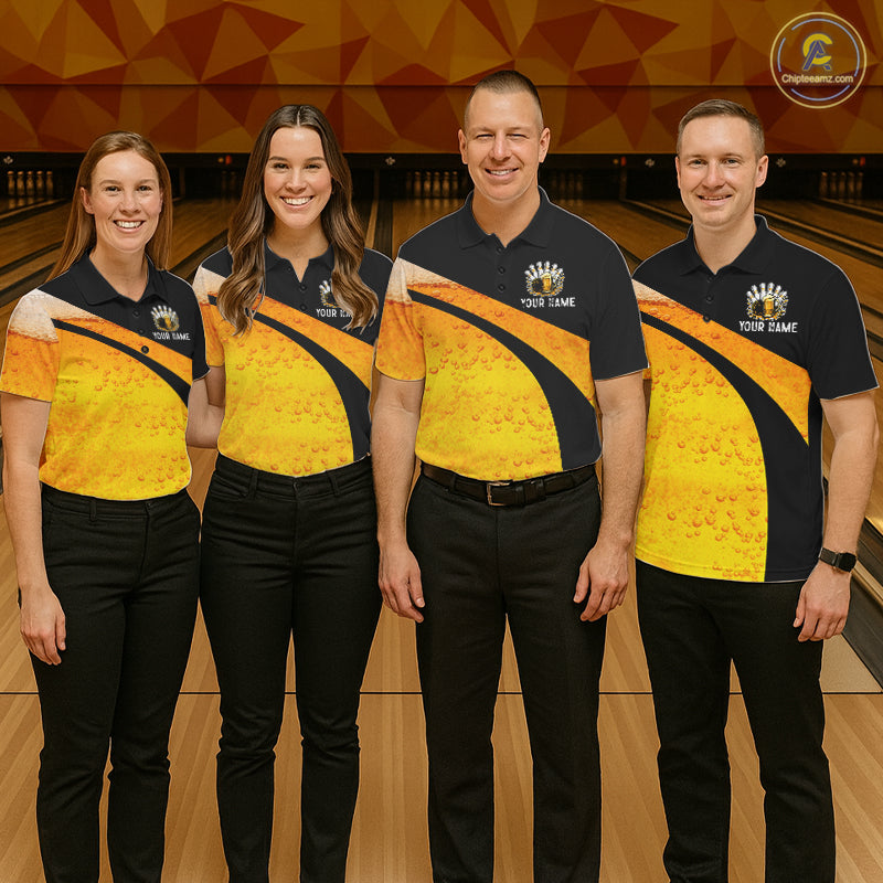 Custom Yellow Funny Beer Bowling Jersey for Men Bowling Uniform Polo & 1/4 Zip Bowling Team Shirts NQS11646