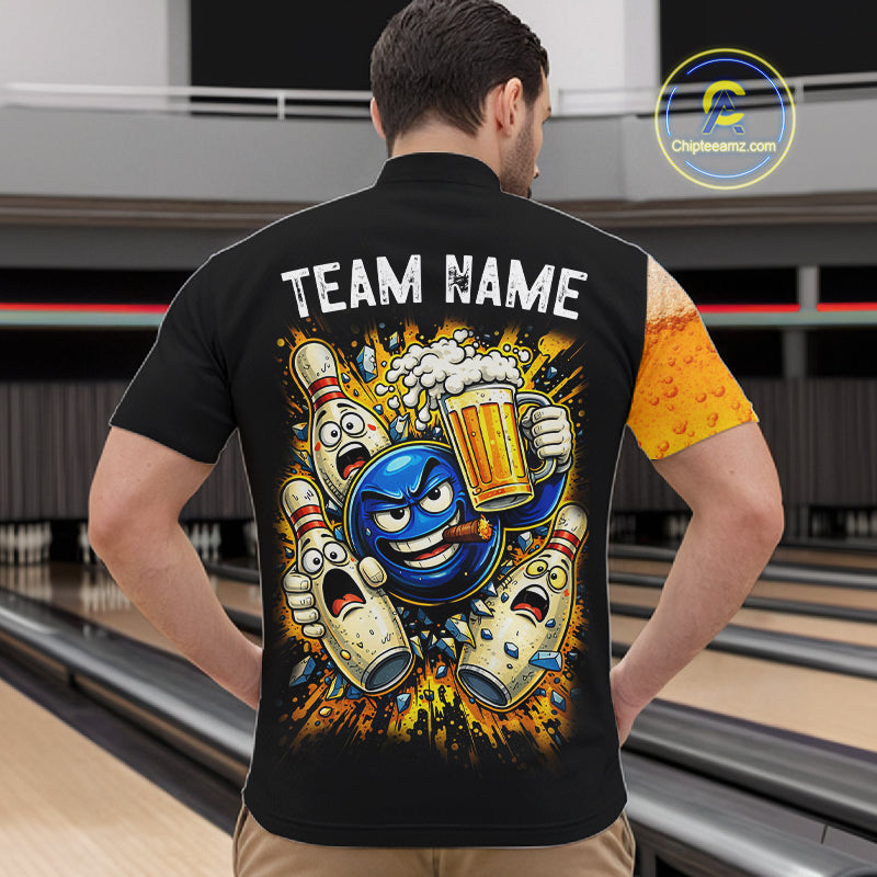 Custom Yellow Funny Beer Bowling Jersey for Men Bowling Uniform Polo & 1/4 Zip Bowling Team Shirts NQS11646