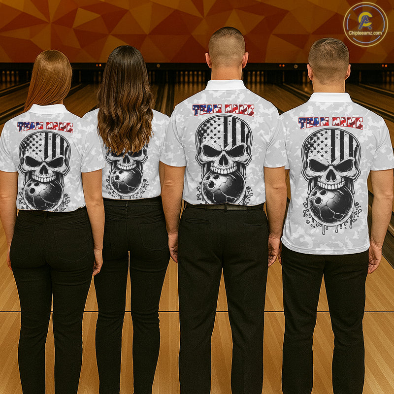 Personalized American Flag Skull Eagle Camo Bowling Team Shirts For Women, Patriotic Bowling Outfits NQS11648