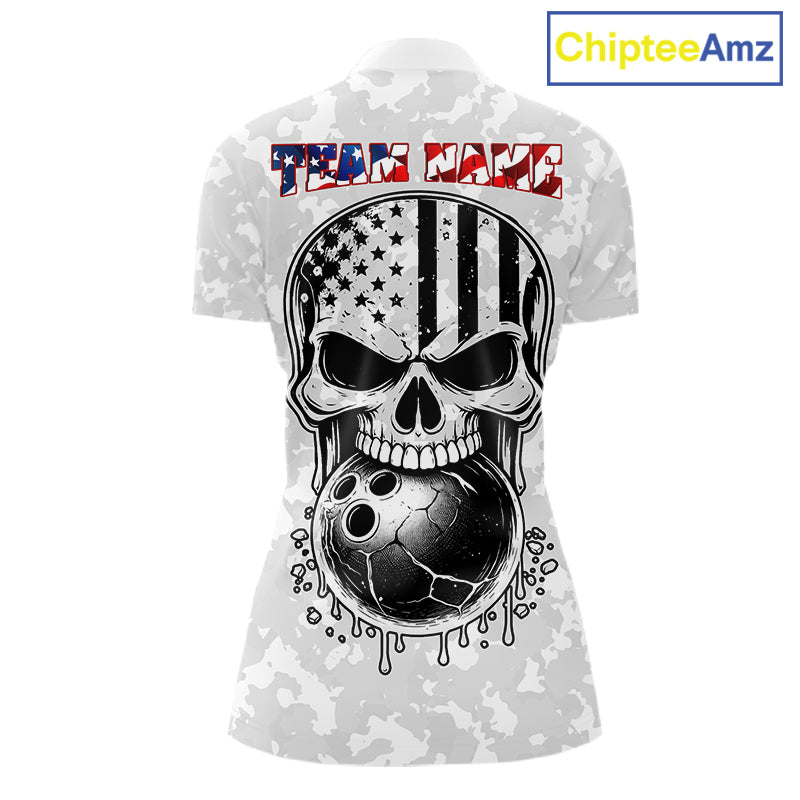 Personalized American Flag Skull Eagle Camo Bowling Team Shirts For Women, Patriotic Bowling Outfits NQS11648