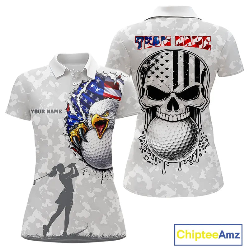 Personalized American Flag Skull Eagle Camo Golf Polo Shirts For Women, Patriotic Ladies Golf Outfits NQS11649