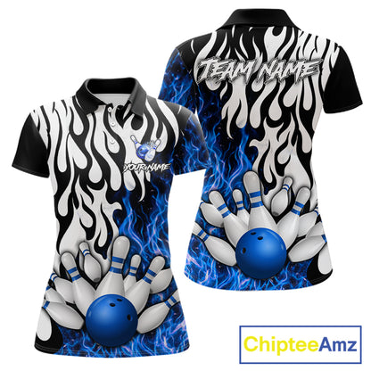 Black, White and Blue Flame Bowling Polo, Quarter Zip Shirts For Women Custom Bowling Team Jerseys NQS11739