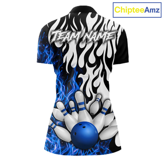 Black, White and Blue Flame Bowling Polo, Quarter Zip Shirts For Women Custom Bowling Team Jerseys NQS11739