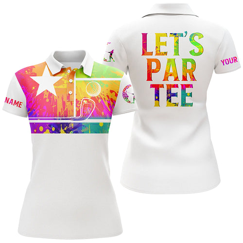 Womens golf polo shirts watercolor Texas flag patriot custom name Let’s Par Tee white golf shirt NQS5470